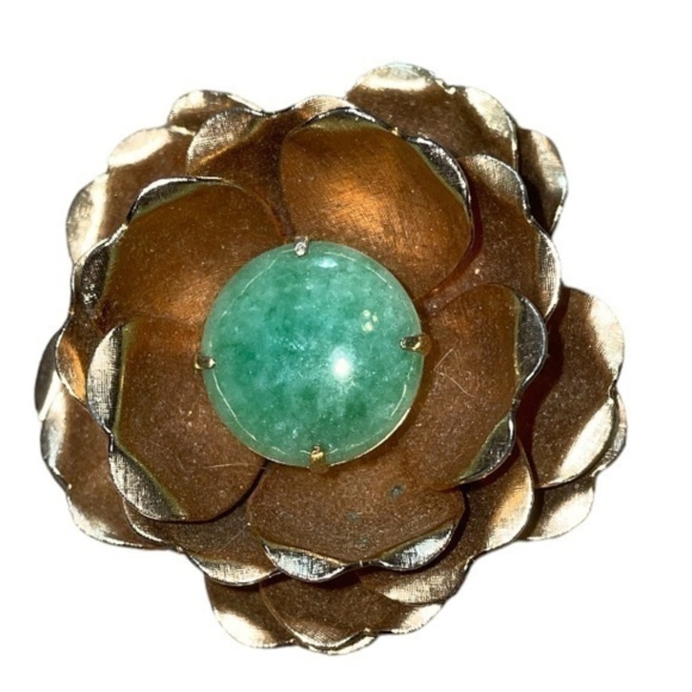 Vintage Gold Flower Brooch with Jade Stone